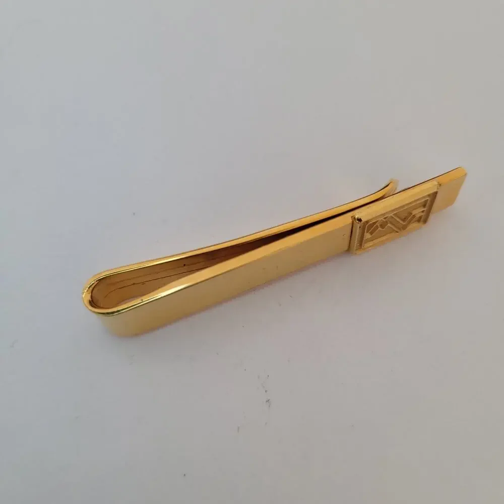 Mario Valentino MV USA Vintage Tack Tie Clasp Clip Bar Gold Retro Logo Rectangle - Picture 4 of 6